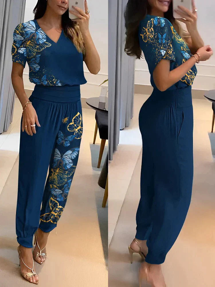 Mariette | Ensemble Décontracté Femme avec Blouse Col V Manches Courtes et Pantalon Taille Haute