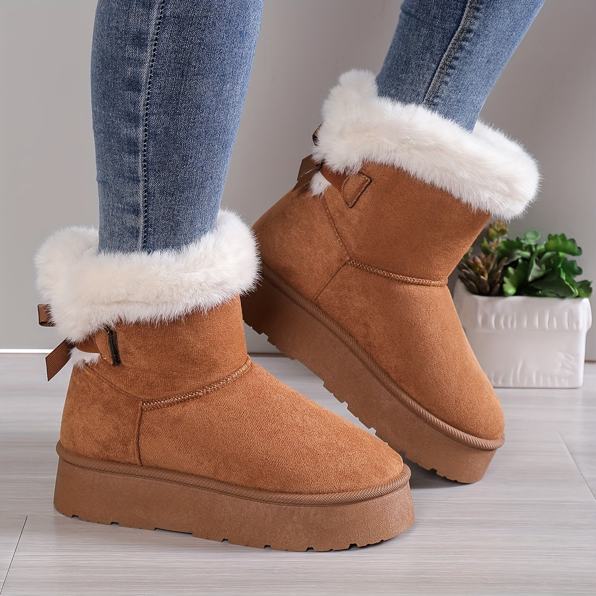 Bottes Hiver Femme | Doublure Chaude en Peluche & Nœud Élégant