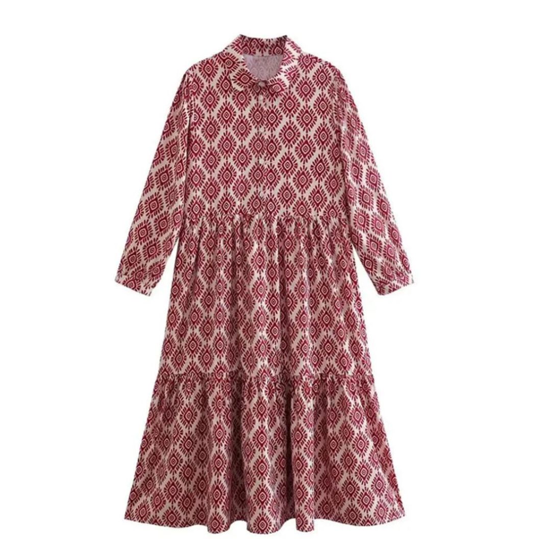 Philomène | Robe Femme Midi Ample à Manches Longues avec Motif Géométrique Élégant