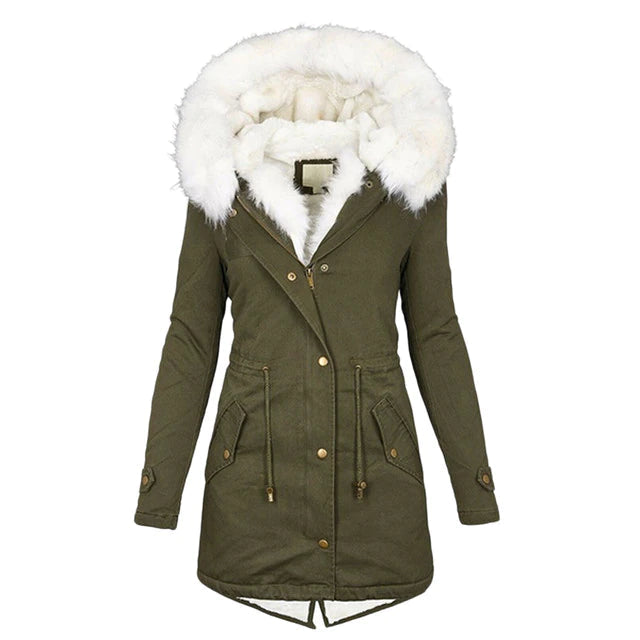 Lucienne | Manteau Femme Capuche Doublé Fourrure avec Taille Cintrée