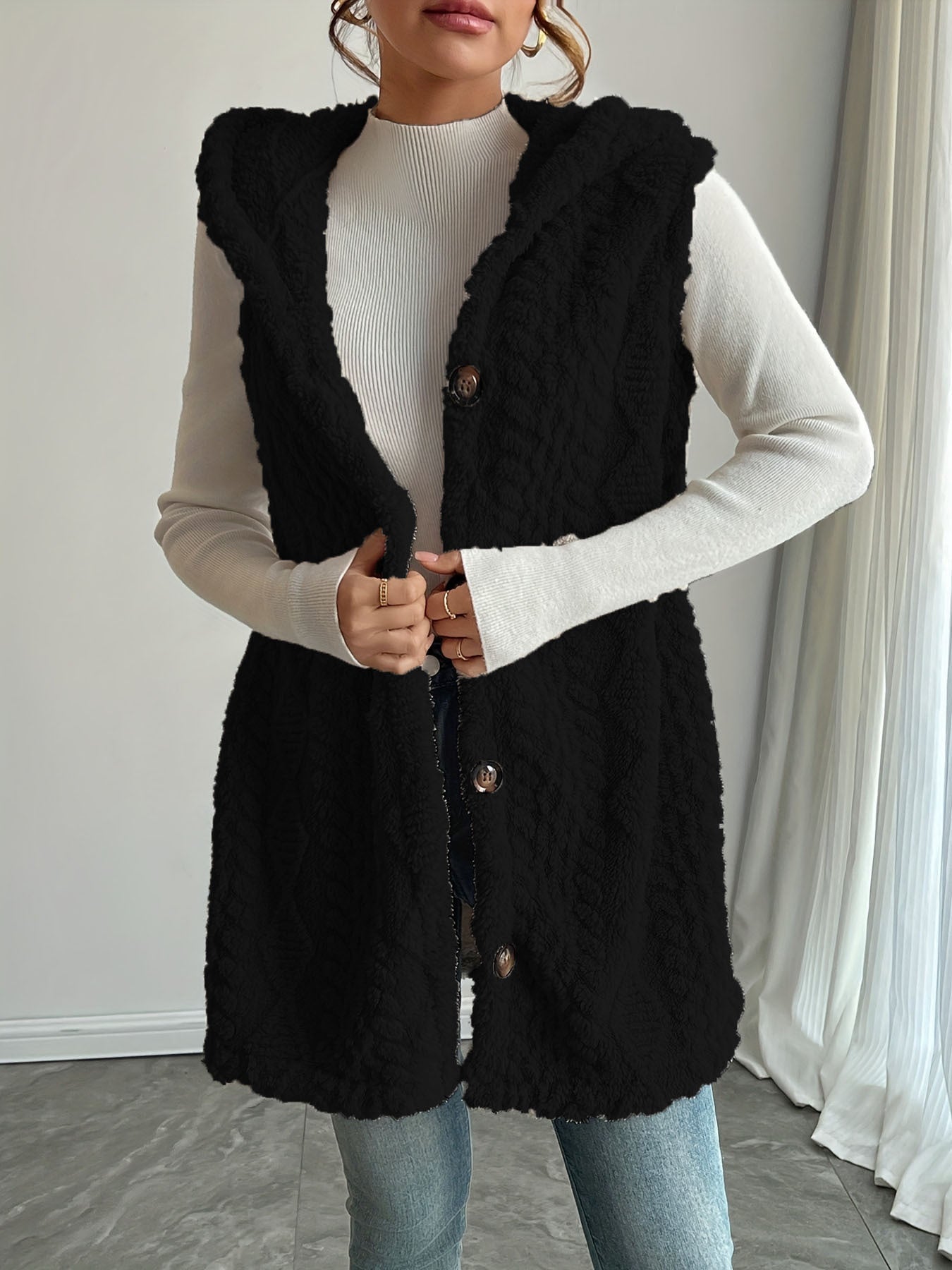 Aude | Gilet long teddy sans manches à capuche femme