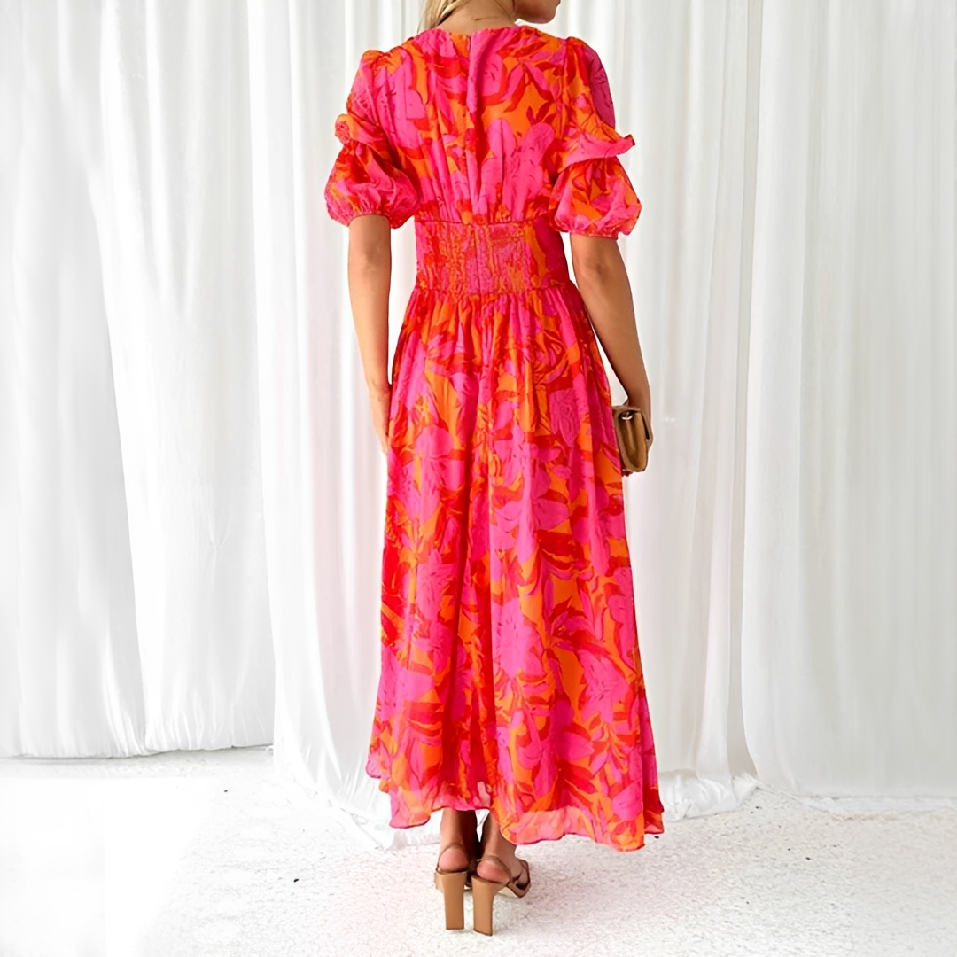 Robe Maxi Femme à Col V – Élégance Classique avec Manches Bouffantes