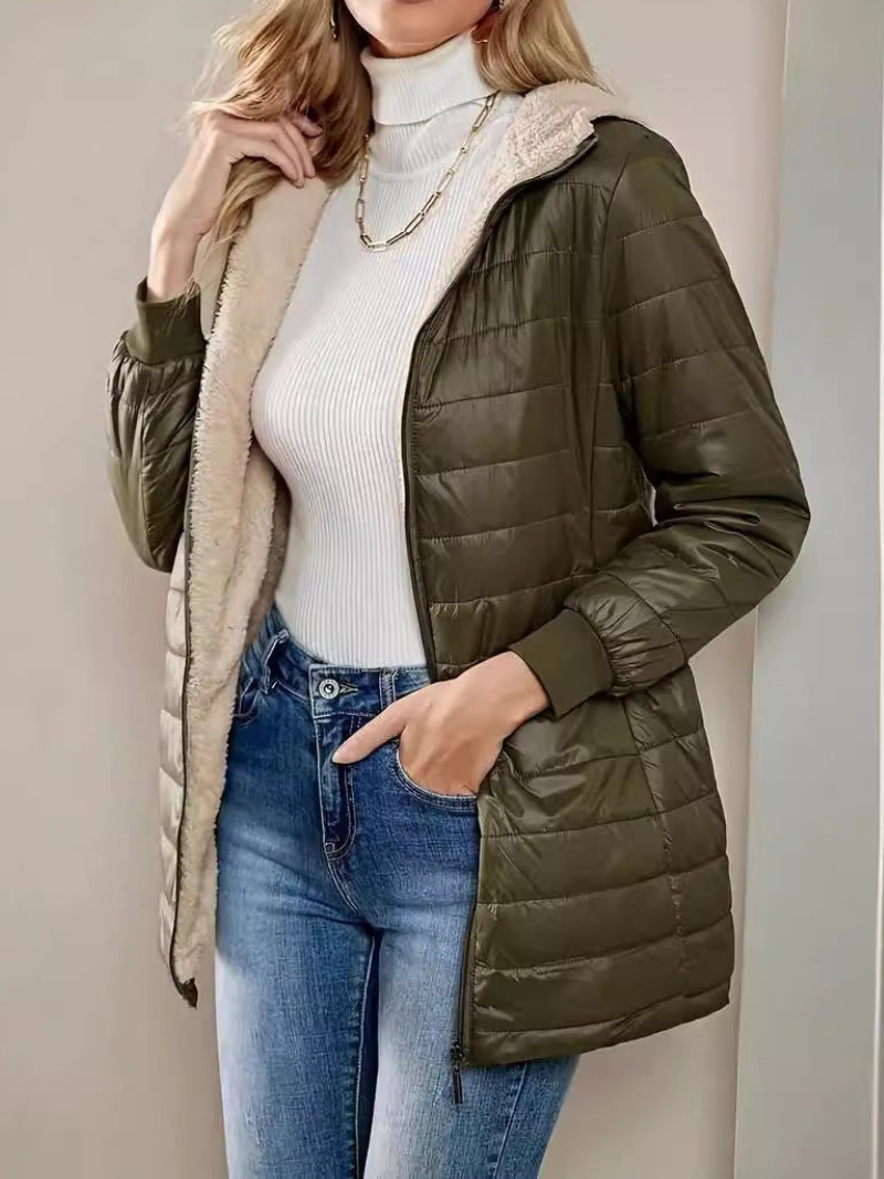 Coline | Veste Femme Longue Matelassée avec Doublure Polaire et Fermeture Zippée, Chaude et Confortable
