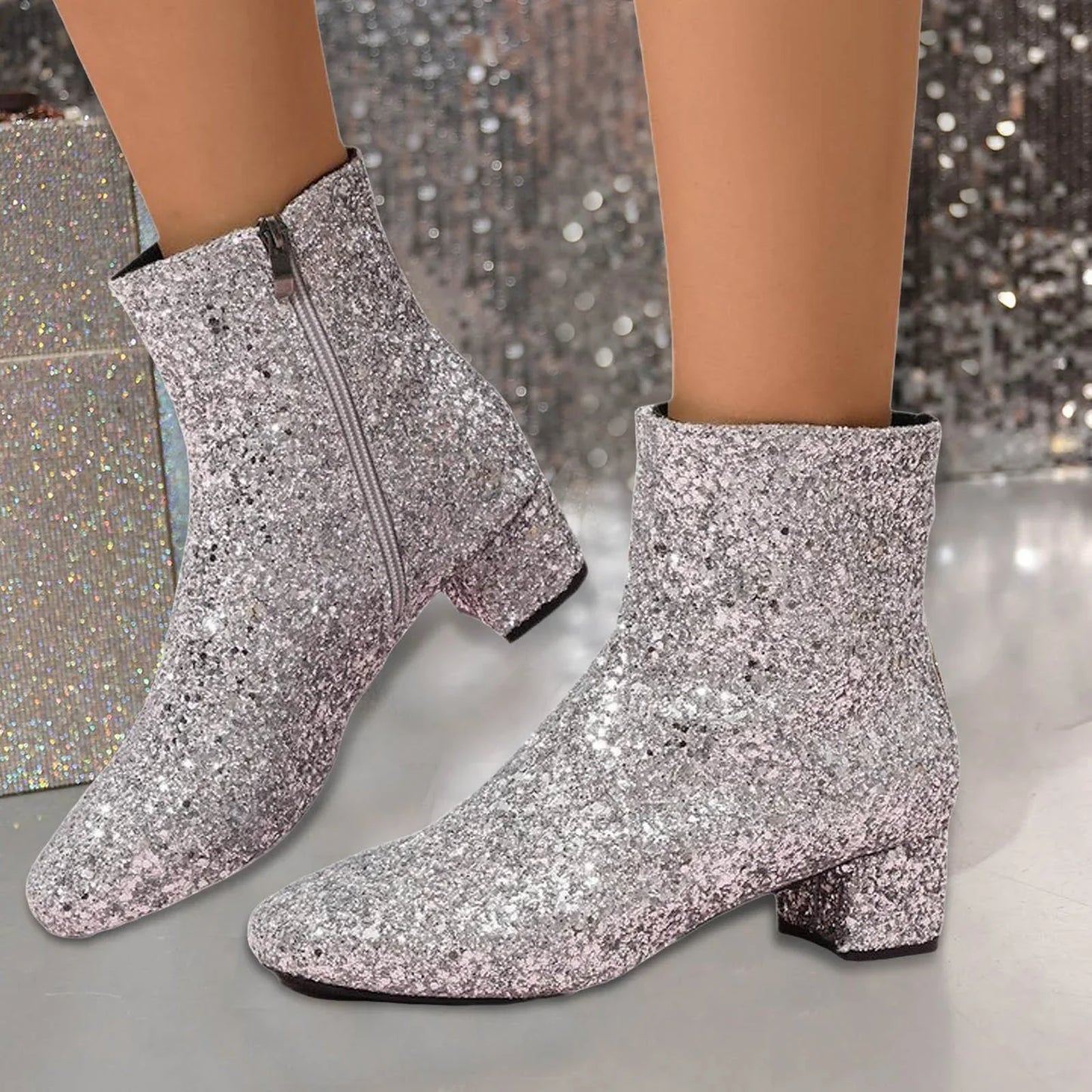 Arlette | Bottines à Talon Bloc Pailletées avec Fermeture Éclair, Élégantes et Confortables