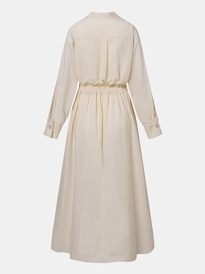 Maïa | Robe Longue Femme en Lin Uni à Col Revers et Manches Longues Confort Élégant