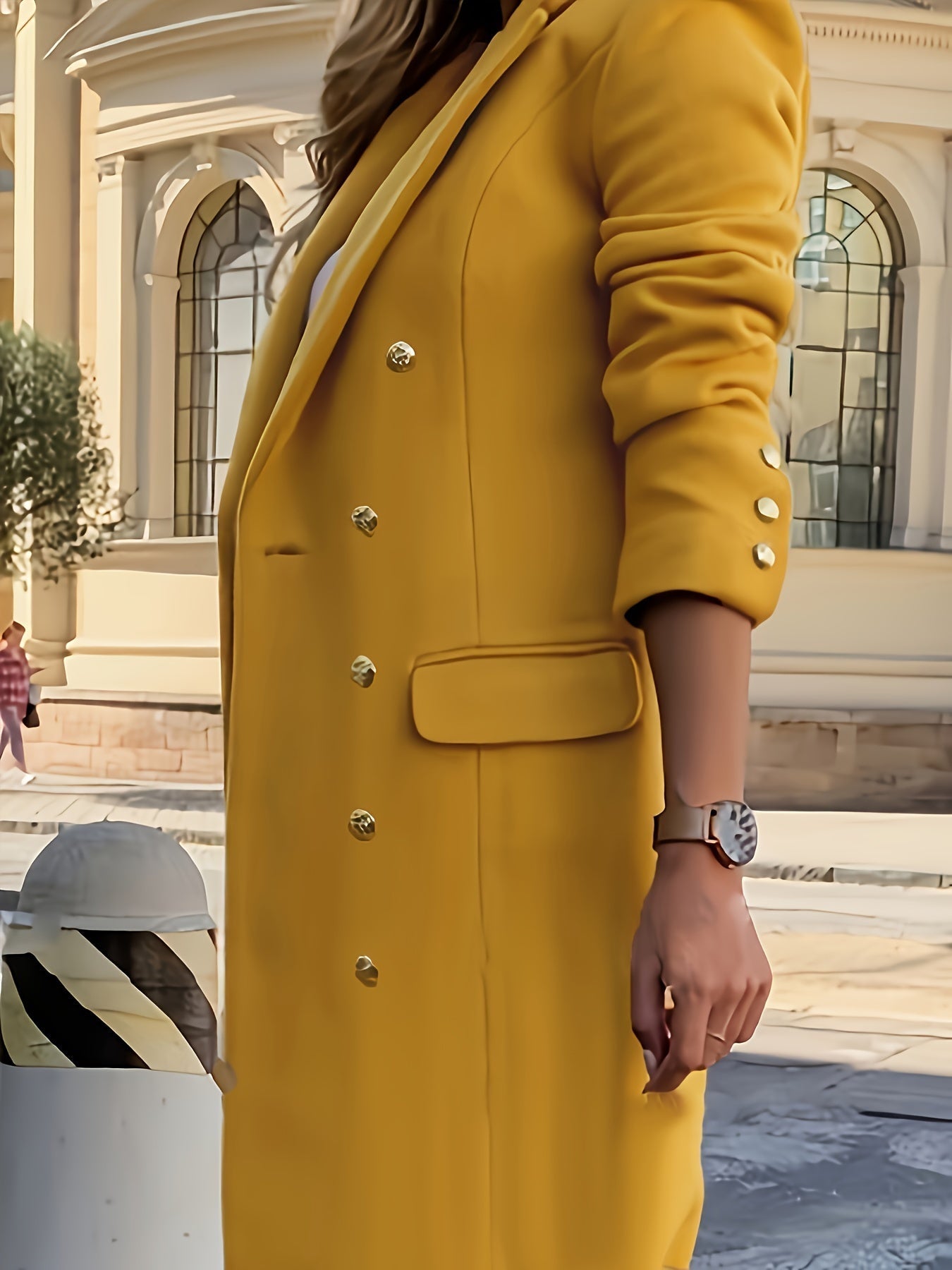 Esme | Manteau Femme Jaune Élégant à Double Boutonnage, Longue Coupe avec Col Revers
