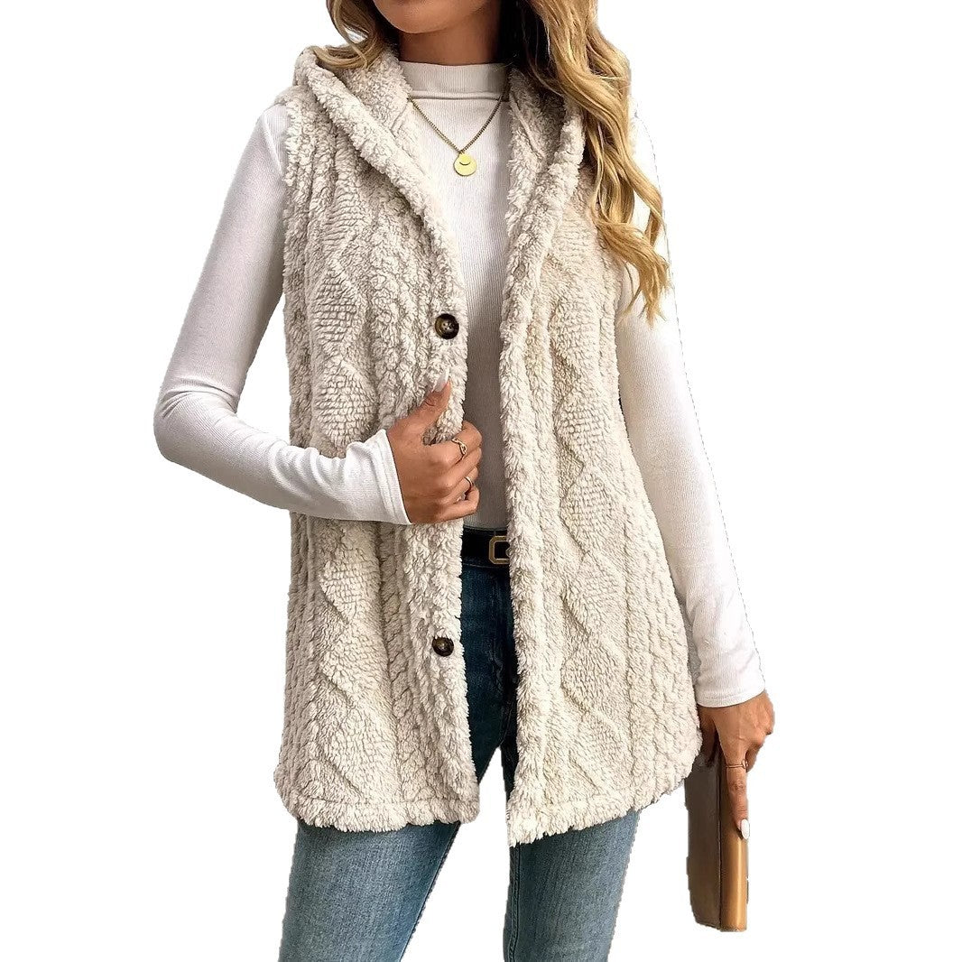 Aude | Gilet long teddy sans manches à capuche femme