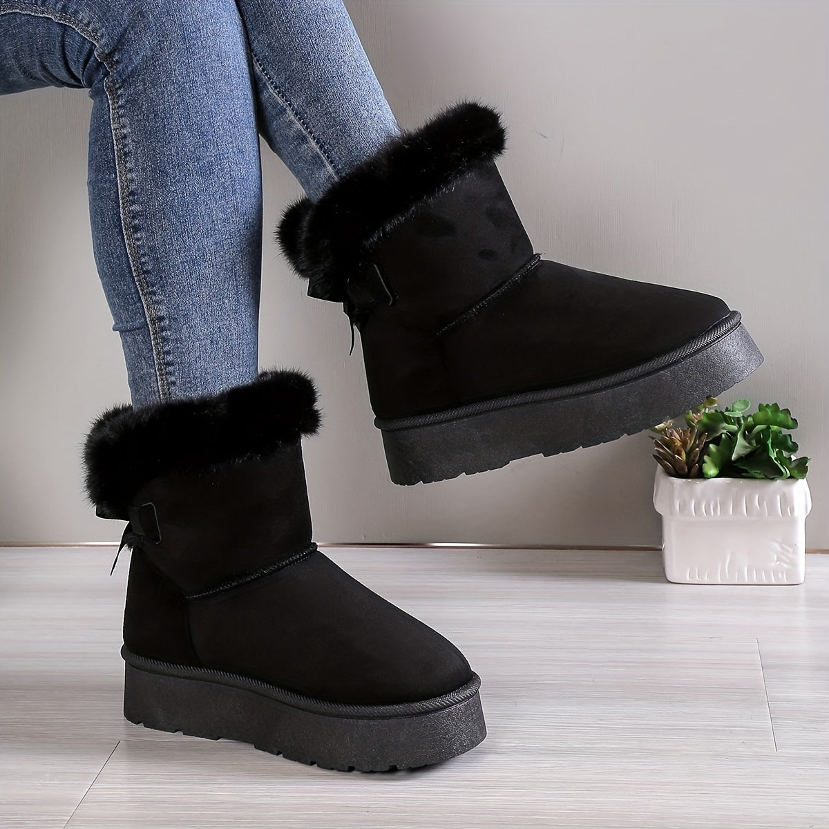 Bottes Hiver Femme | Doublure Chaude en Peluche & Nœud Élégant