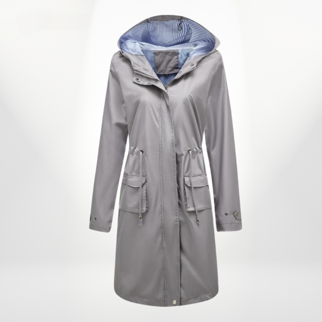 Laure | Trench Long Femme à Capuche et Taille Ajustable Kaki