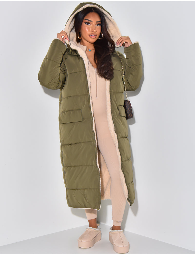 Raymonde | Manteau Long Réversible Femme Doublé Polaire avec Capuche Chaud et Élégant