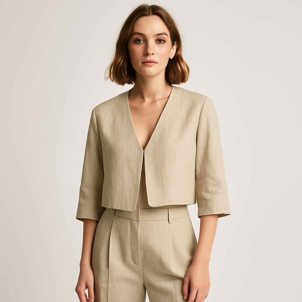 Blazer croisé beige en mélange de lin