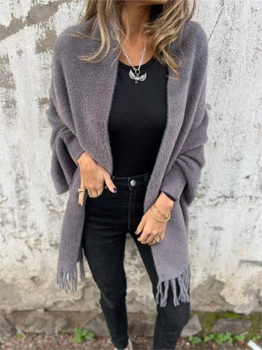 Ethel | Cardigan Long Femme à Manches Longues avec Franges et Écharpe Tricotée