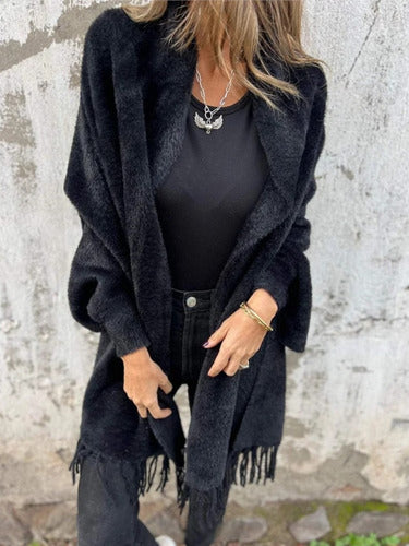 Ethel | Cardigan Long Femme à Manches Longues avec Franges et Écharpe Tricotée