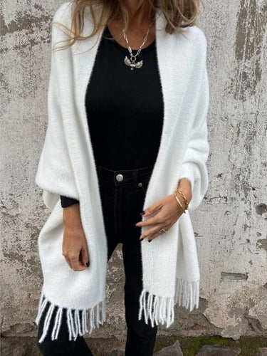 Ethel | Cardigan Long Femme à Manches Longues avec Franges et Écharpe Tricotée