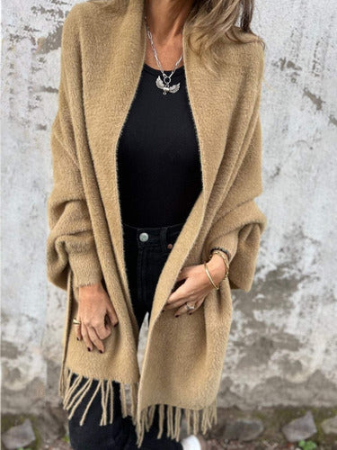 Ethel | Cardigan Long Femme à Manches Longues avec Franges et Écharpe Tricotée