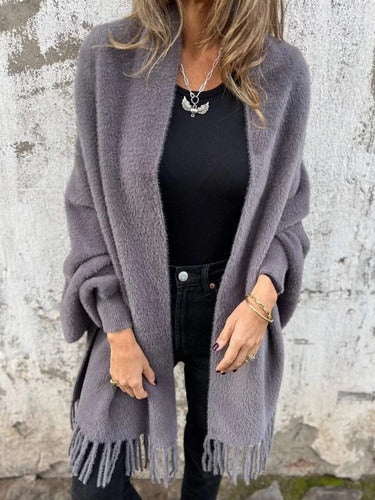 Ethel | Cardigan Long Femme à Manches Longues avec Franges et Écharpe Tricotée