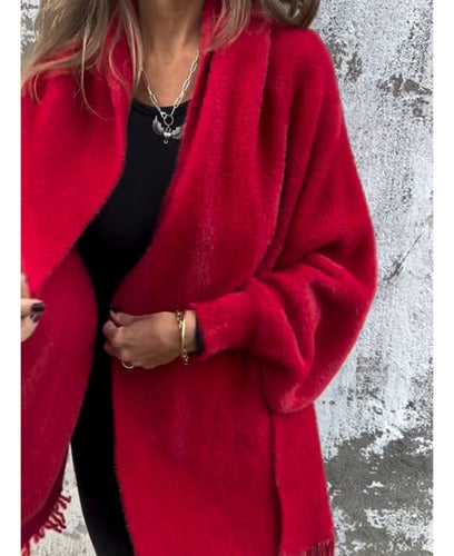 Ethel | Cardigan Long Femme à Manches Longues avec Franges et Écharpe Tricotée