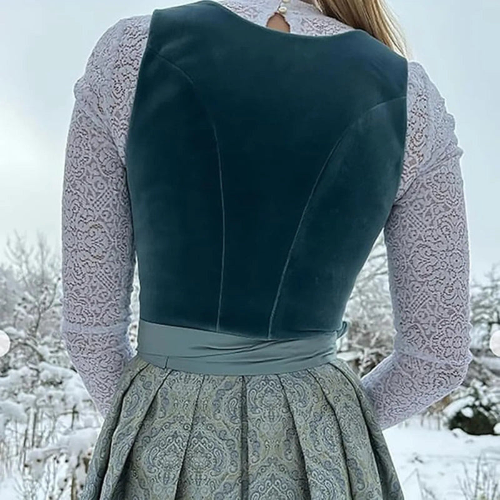 Orianne | Robe Dirndl Vintage Brodée à Zip et Taille Ceinturée, Col Carré, Sans Manches, Mi-Longue