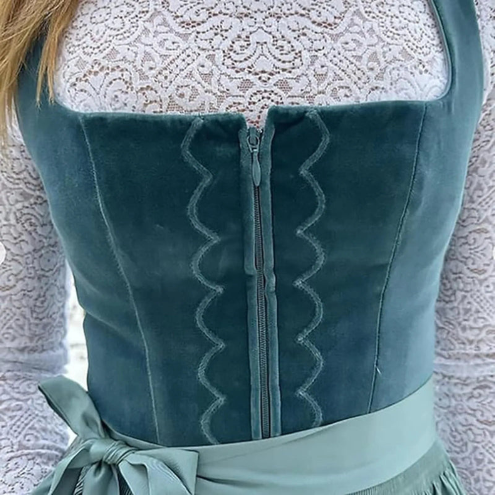 Orianne | Robe Dirndl Vintage Brodée à Zip et Taille Ceinturée, Col Carré, Sans Manches, Mi-Longue