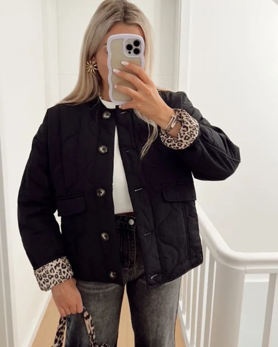 Ségolène | Veste Courte Femme Matelassée Léopard Boutonnée