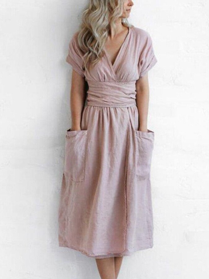 Mélanie | Linen Dress - Robe Midi en Lin Naturel à Ceinture Nouée et Poches