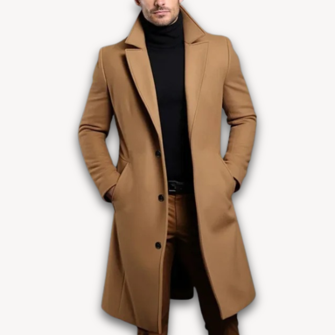 Manteau Homme | Manteau Long en Laine | Col Revers et Boutons, Couleur Unie