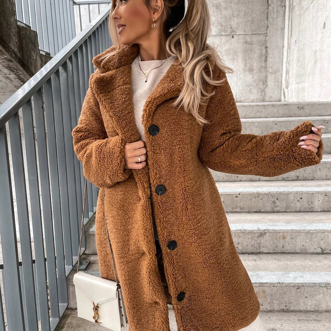 Manteau Femme en Tissu Teddy | Manteau Hiver Chaud et Élégant | Coupe Ajustée avec Col Large