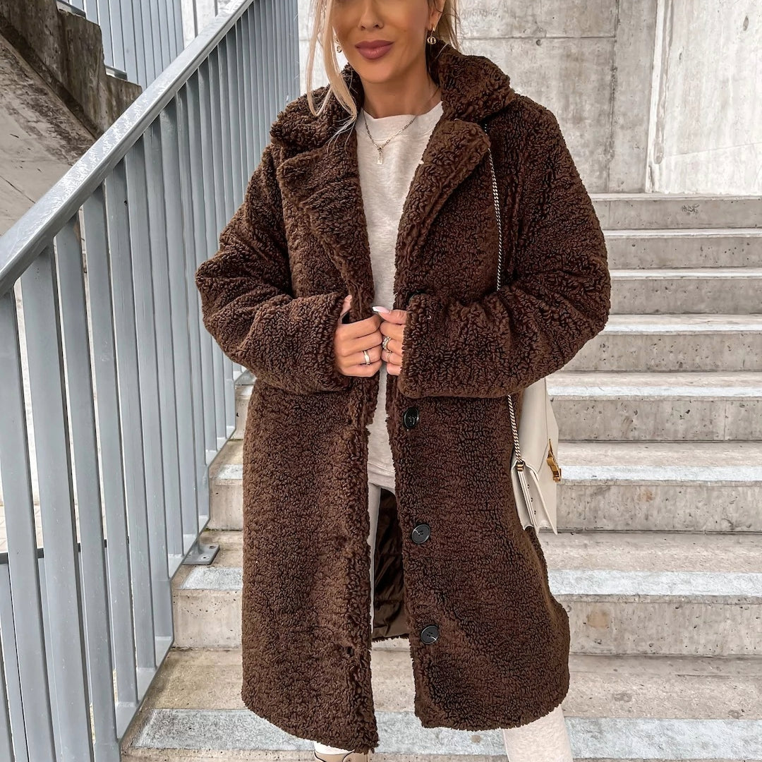 Manteau Femme en Tissu Teddy | Manteau Hiver Chaud et Élégant | Coupe Ajustée avec Col Large