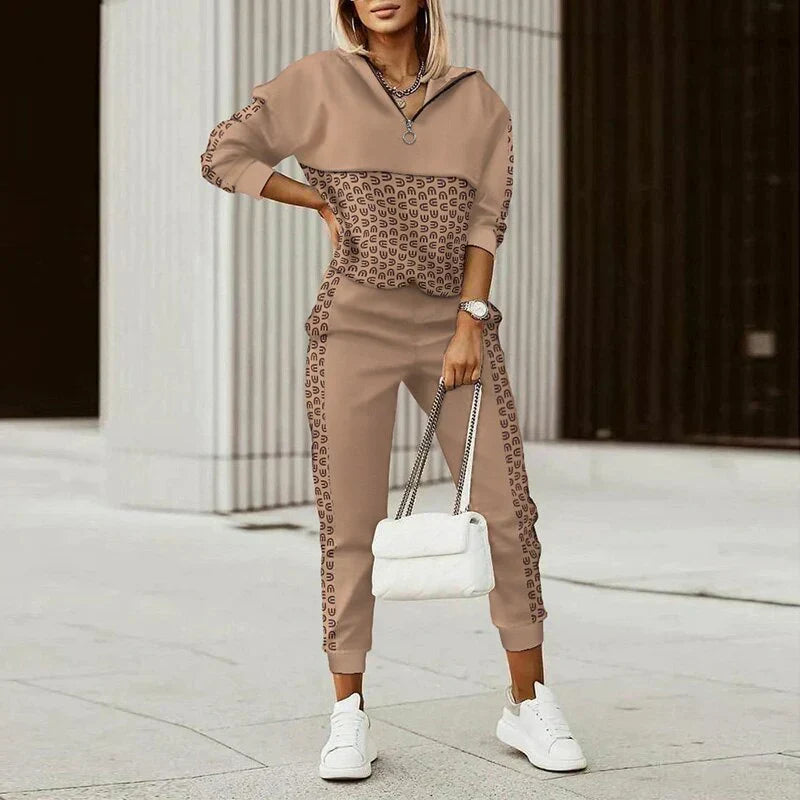 Génia | Ensemble Femme Hoodie à Col Zippé Imprimé et Joggers, Deux Pièces Athleisure