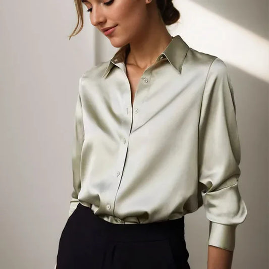 Miriam | Blouse Femme Élégante à Col Revers Boutonnée Manches Longues Brillante Uni