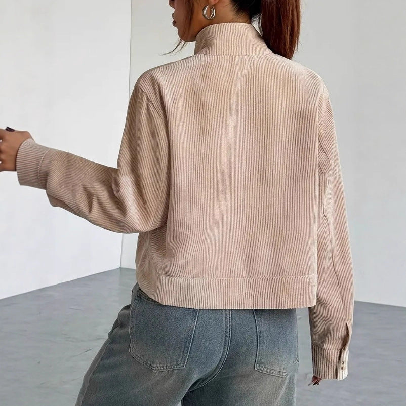 Élodisse | Veste Femme Côtelée Relaxed Fit Courte avec Fermeture Éclair et Col Large