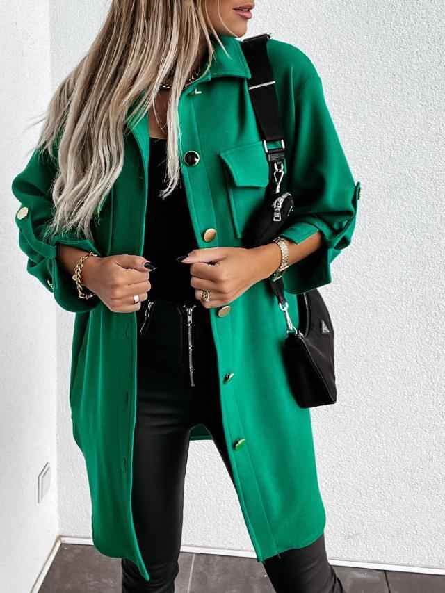 Azélia | Manteau Chemise Long Femme Style Laine avec Col Revers et Boutons Élégants