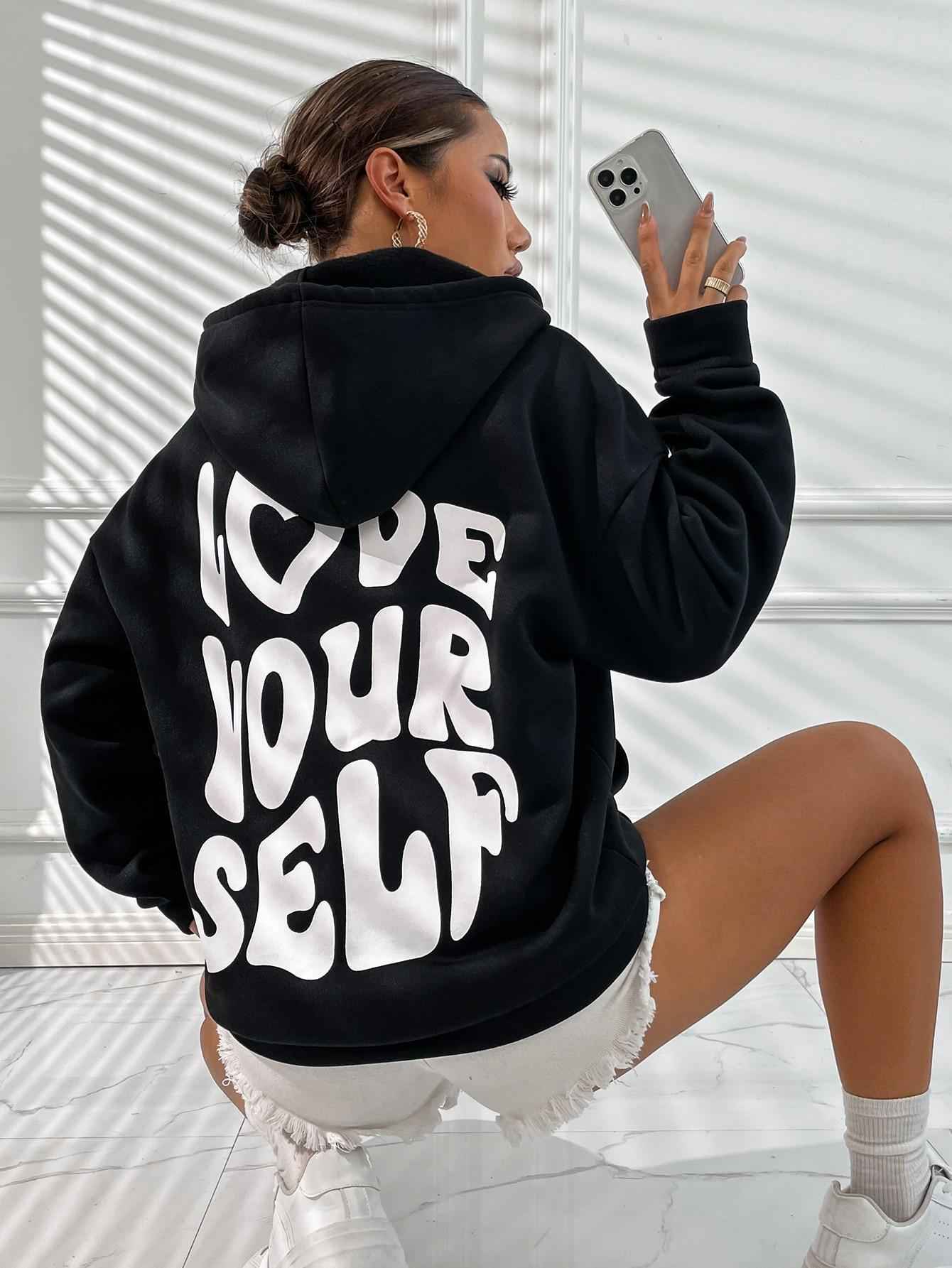 Aurélise | Hoodie Femme Oversize avec Capuche, Poches Kangourou et Imprimé “Love Yourself”