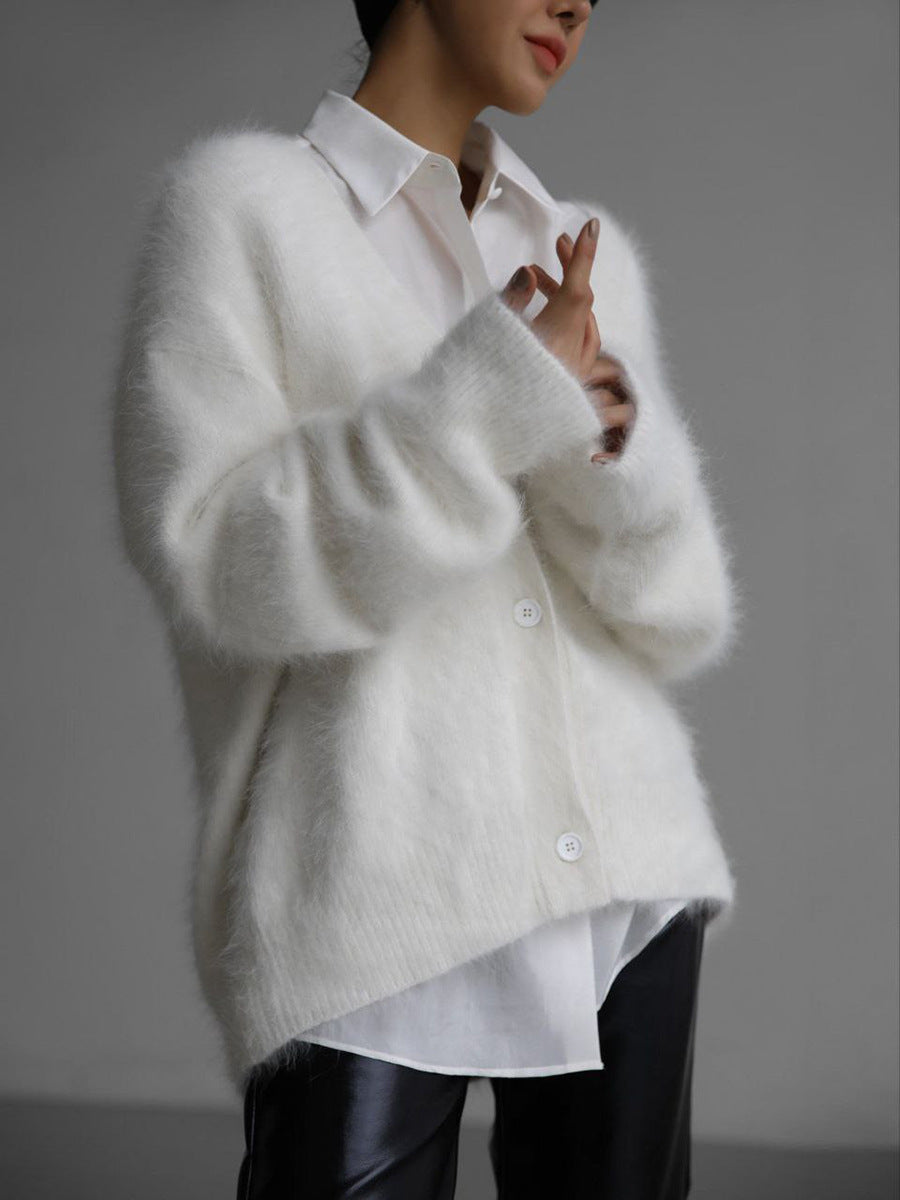 Églantine | Cardigan Femme Décontracté Col V Profond à Boutons en Couleur Unie
