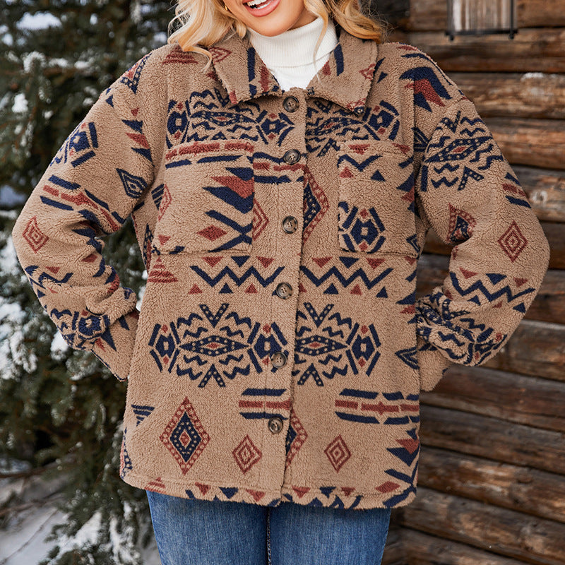 Élysanne | Veste Femme Oversized en Teddy Boutonnée à Motif Géométrique et Col Revers