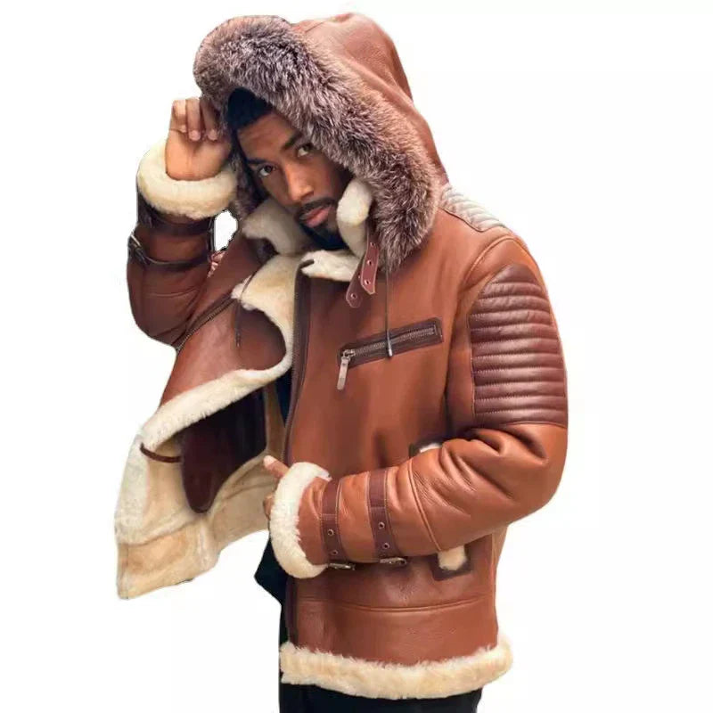 Austin | Veste Homme Hiver Relaxed Fit Aspect Cuir, Doublure Fourrure et Capuche