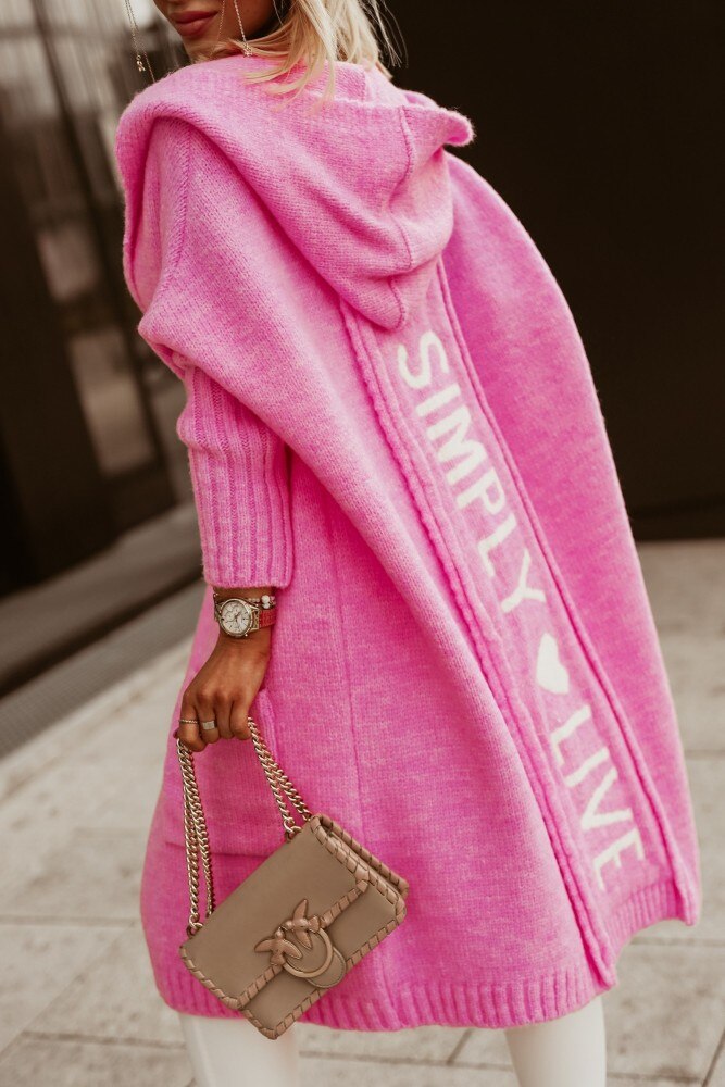 Émilie | Cardigan Long à Capuche Femme, Couleur Unie avec Impression "Simply Live"