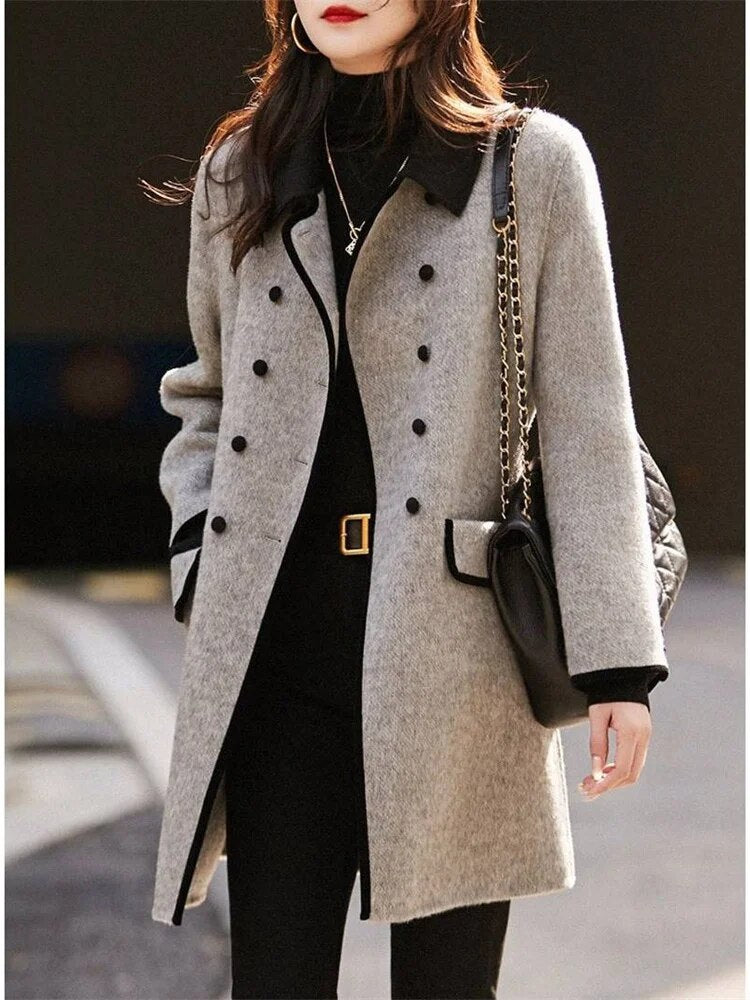 Gwenaëlle | Manteau d’Hiver Femme à Double Boutonnage, Col Revers, Bicolore Gris & Noir