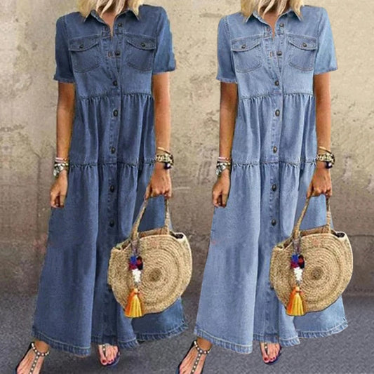 Margot | Robe Chemise Longue en Jean avec Col Revers et Manches Courtes Amples
