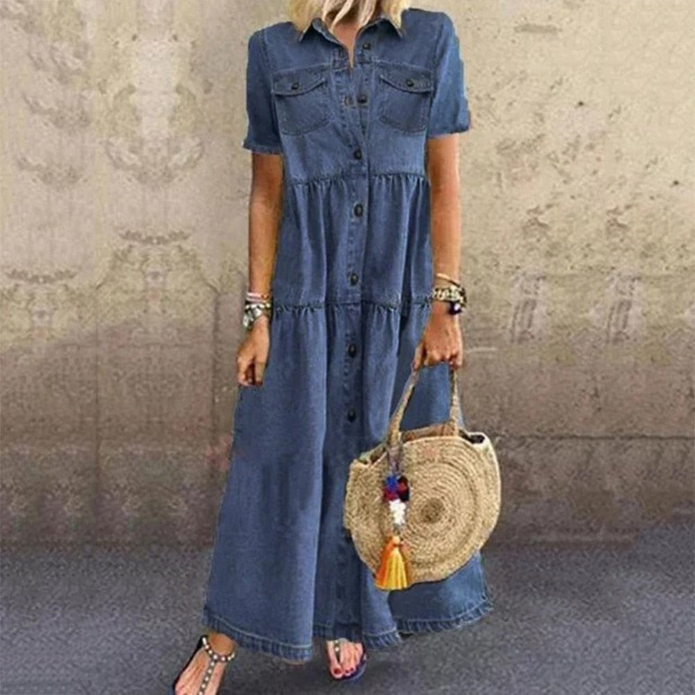 Margot | Robe Chemise Longue en Jean avec Col Revers et Manches Courtes Amples
