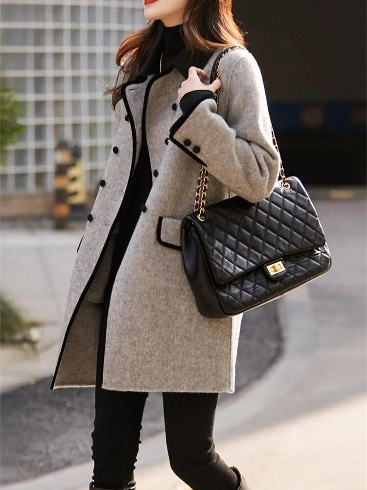 Gwenaëlle | Manteau d’Hiver Femme à Double Boutonnage, Col Revers, Bicolore Gris & Noir