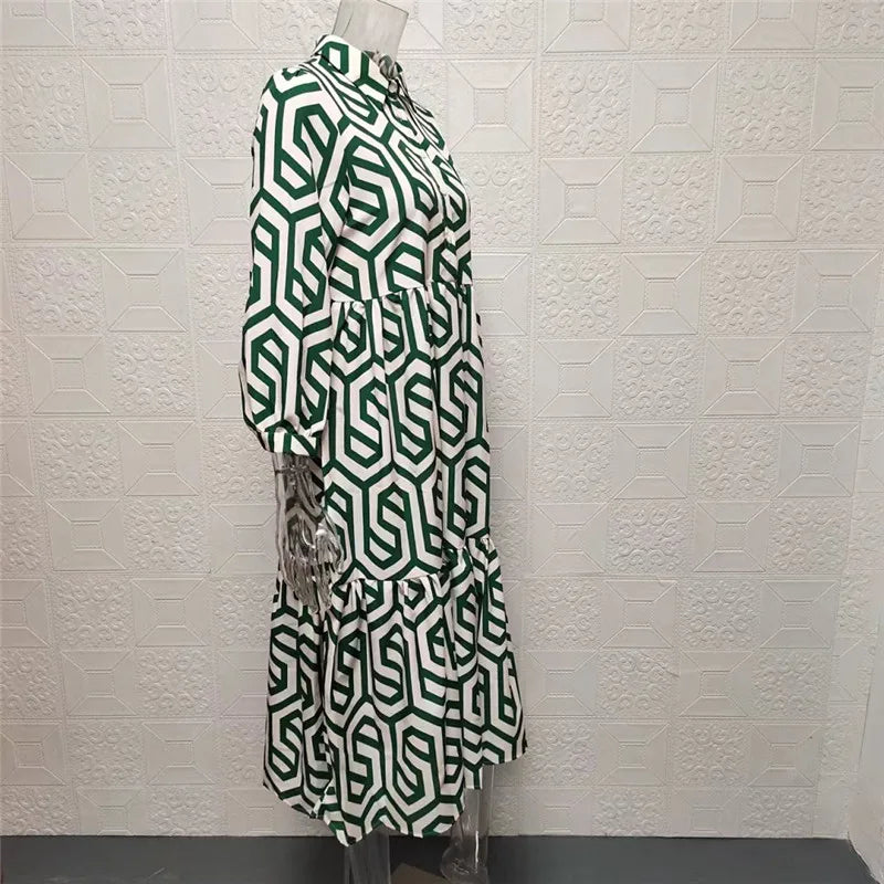 Philomène | Robe Femme Midi Ample à Manches Longues avec Motif Géométrique Élégant