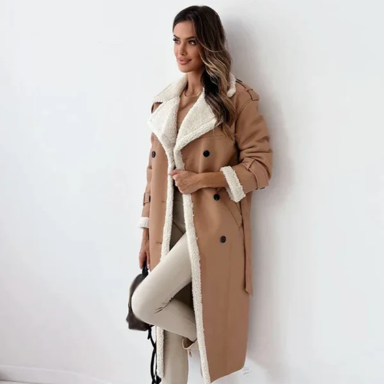 Gabrielle | Manteau long d’hiver femme à double boutonnage avec ceinture et doublure polaire