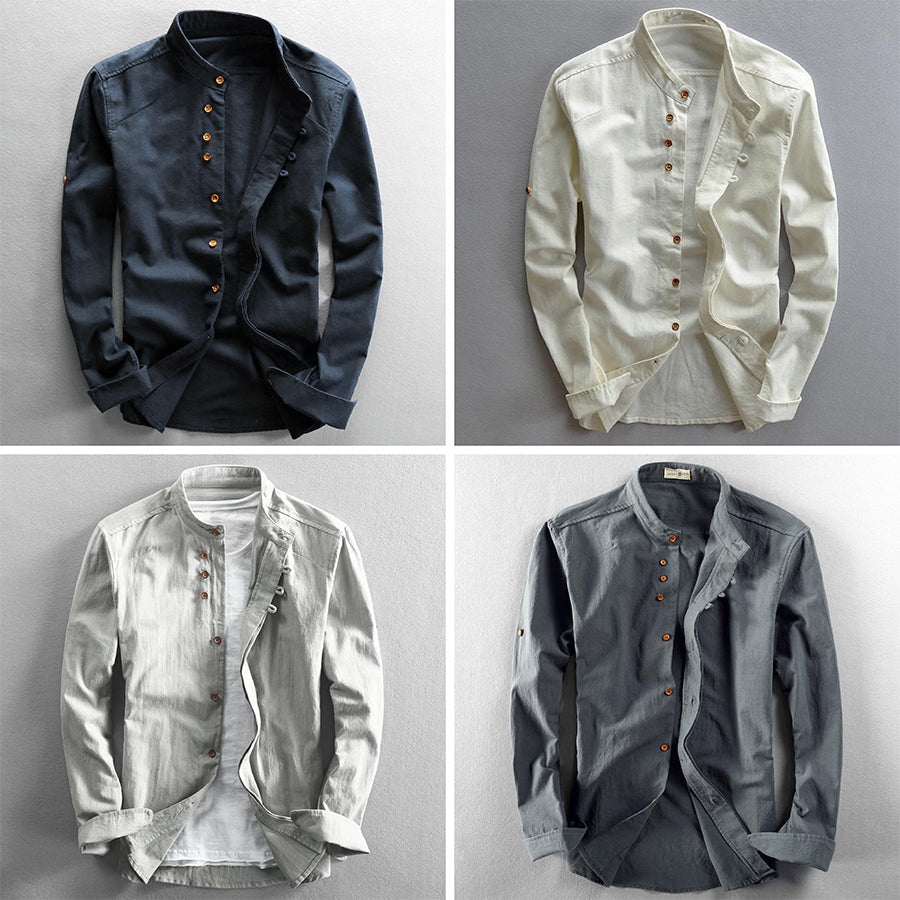 Chemise structurée moderne pour homme avec col montant — style élégant pour bureau & casual