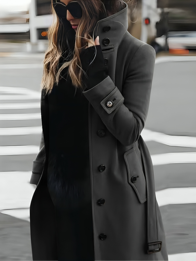 Gaetane | Manteau Long Femme en Coton avec Col Haut et Ceinture