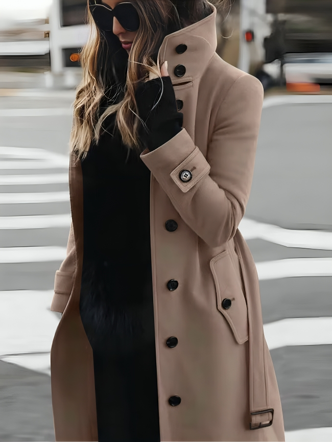 Gaetane | Manteau Long Femme en Coton avec Col Haut et Ceinture