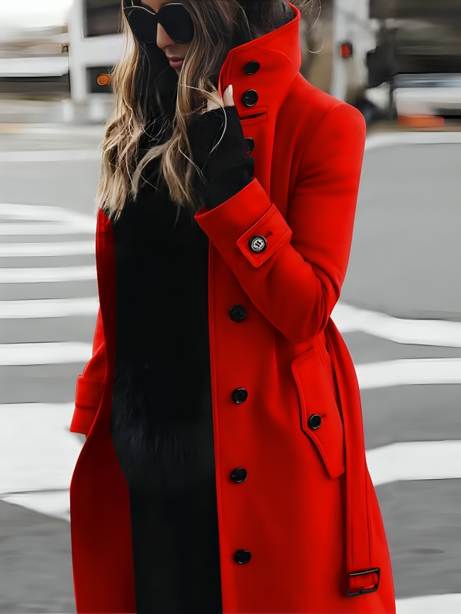 Gaetane | Manteau Long Femme en Coton avec Col Haut et Ceinture