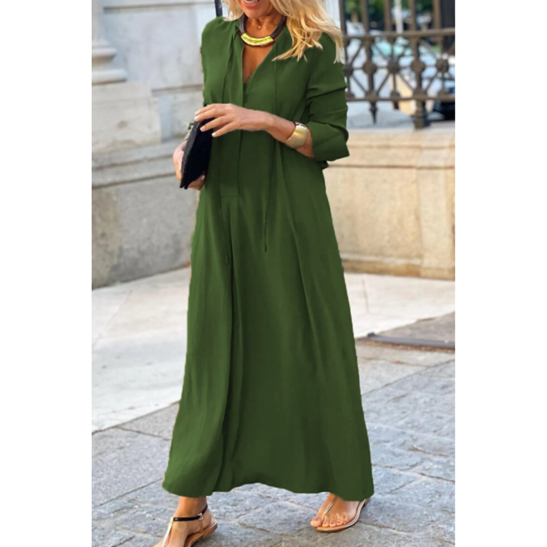 Miranda | Robe Longue Femme en Lin Uni à Col V Élégante et Confortable