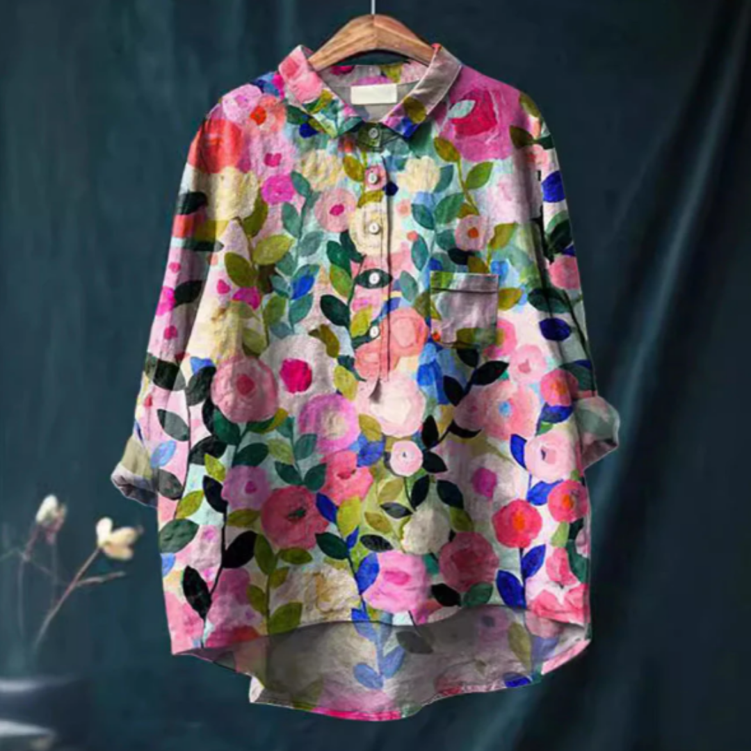 Nayara | Blouse Femme Ample à Imprimé Floral avec Col Revers et Boutons Partiels