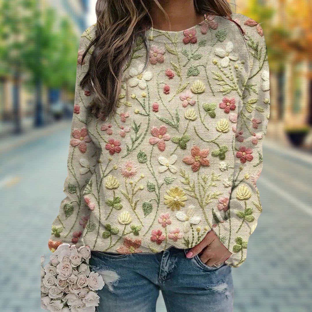 Norah | Pull Femme Chic à Col Rond avec Broderie Florale Élégante